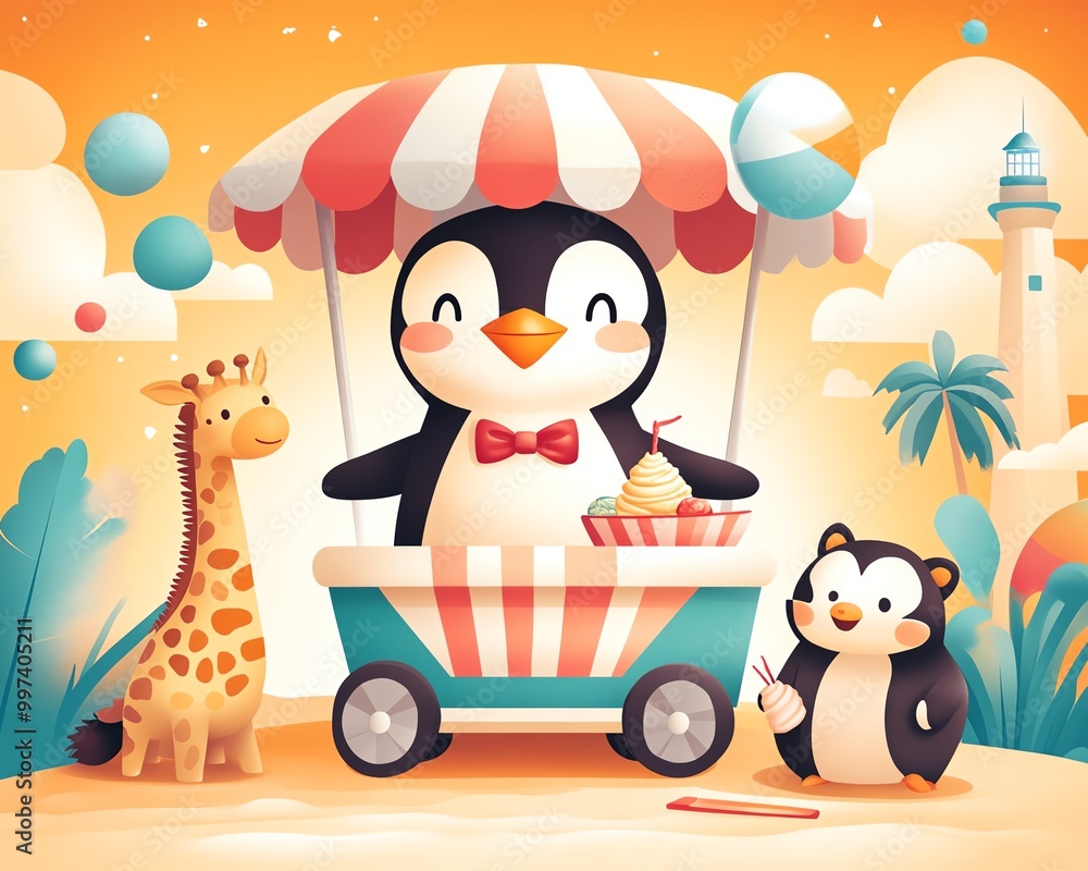 Naklejka premium Lighthearted cartoon illustration of a penguin ice cream vendor in a bow tie and striped hat