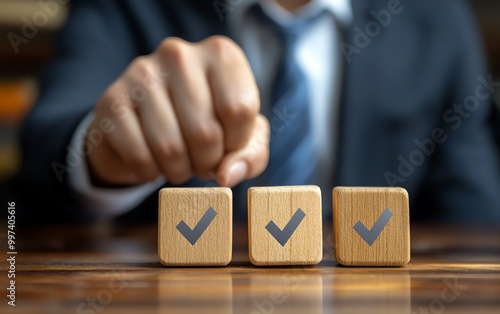 Regulatory compliance and project feasibility,  Businessman chooses wooden block with approval mark, approve or reject business proposal