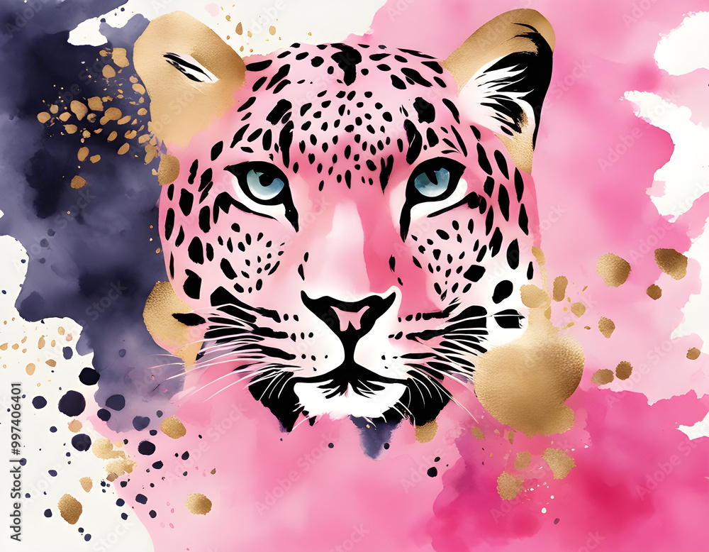 Fototapeta premium Pink Leopard creative watercolor gilded background