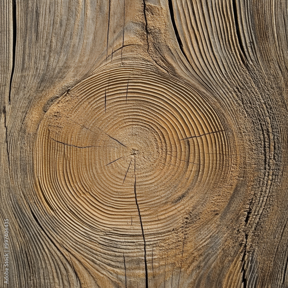 Naklejka premium Wood texture with circular growth rings, showcasing natural patterns and earthy tones. This close up image highlights beauty of wood grain and its organic characteristics