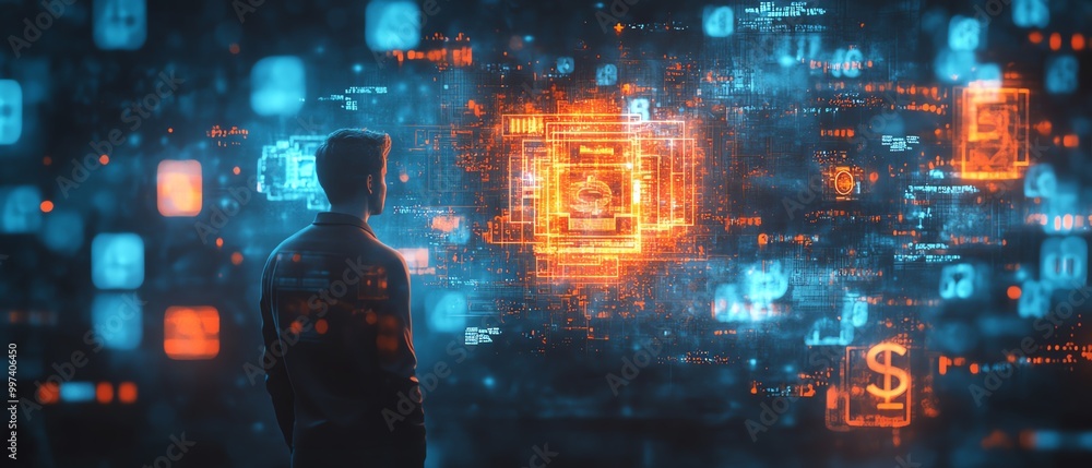 Fintech financial technology and digital money concept Businessman with digital finance icon for digital banking, internet payment, online shopping, financial technology Fintech financial technology and digital money concept Businessman with digital finance icon for digital banking, internet payment, online shopping, financial technology