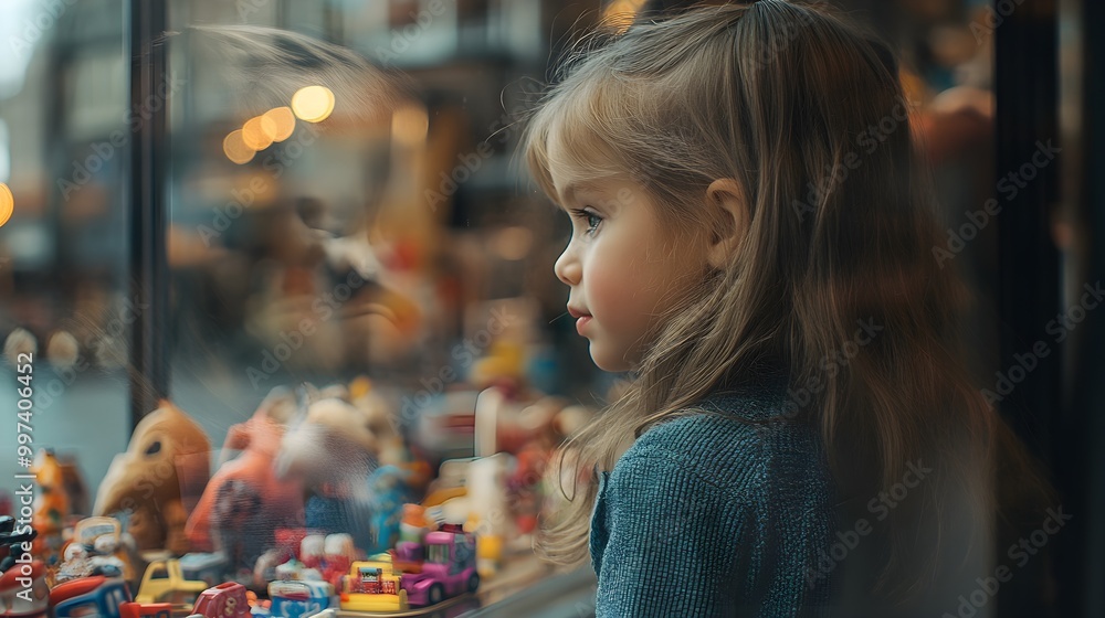 A young girl looks at toys in a shop window A young girl looks at toys in a shop window