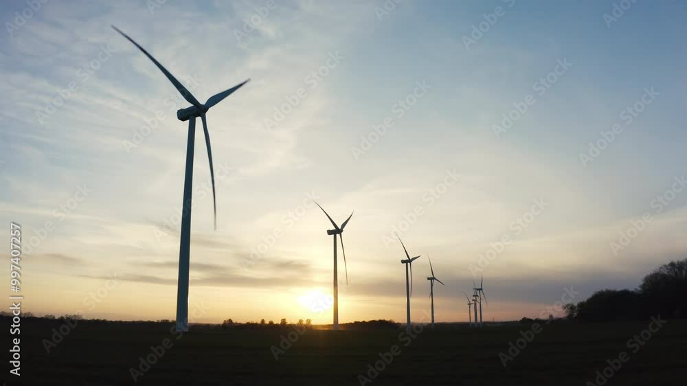 A Beautiful Sunset Illuminates The Wind Turbines In Gdansk, Poland, As They Generate Clean Energy In A Vast Wheat Field, Representing A Sustainable Future. A Beautiful Sunset Illuminates The Wind Turbines In Gdansk, Poland, As They Generate Clean Energy In A Vast Wheat Field, Representing A Sustainable Future.