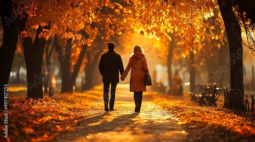 a man and woman - wearing autumn coats are walking together on the path of the autumn park : Generative AI