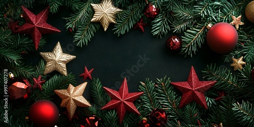 Christmas holiday stars background. Merry christmas and a happy new year. Holiday banner and poster. Christmas decorative ornaments