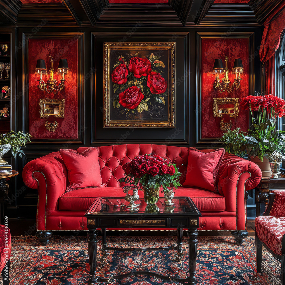 Fototapeta premium Luxurious red sofa adorned with plush cushions, surrounded by elegant decor and vibrant floral arrangements, creating romantic and inviting atmosphere