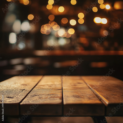 beautifully crafted wooden table in cozy pub or restaurant, surrounded by warm bokeh lights that create welcoming atmosphere. soft glow enhances inviting feel of space photo