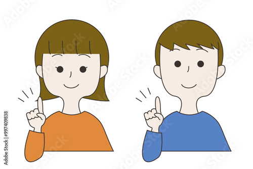 人差し指を立てる笑顔の男女