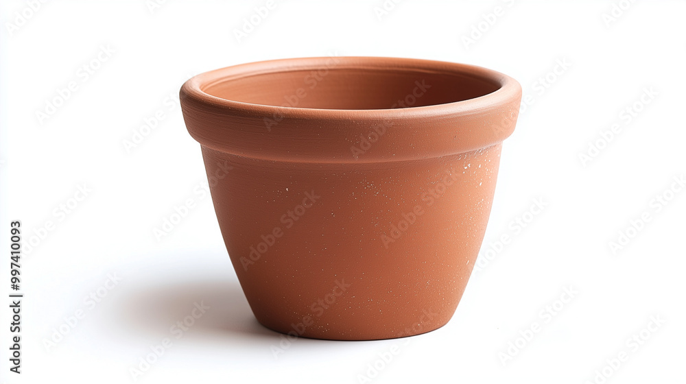 A terracotta pot on a white background, classic design, small size, with a slightly dusty surface A terracotta pot on a white background, classic design, small size, with a slightly dusty surface