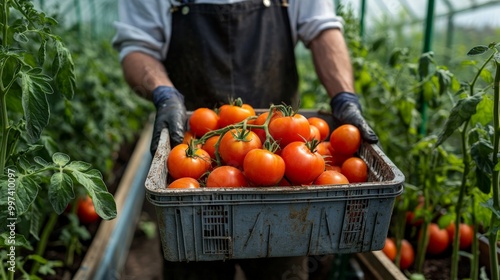 A farmer holding a crate of freshly picked tomatoes, with a greenhouse full of tomato plants in the background