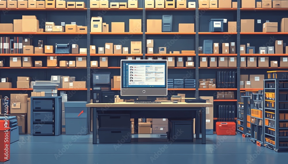 Warehouse Inventory Management On Office Computer Warehouse Inventory Management On Office Computer