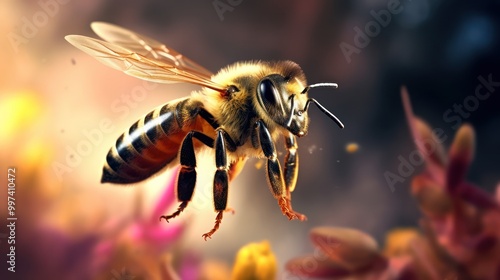 A Honey Bee in Flight Over Flowers