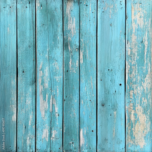 Weathered wooden boards in vibrant cyan color create textured background, showcasing beauty of aged wood with peeling paint and rustic charm