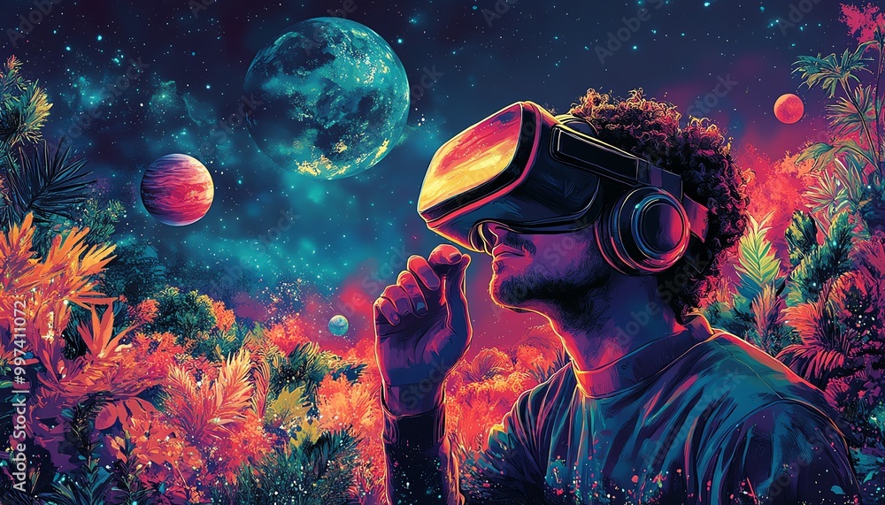 Illustration of a man using a virtual reality headset, exploring outer space in a colorful and imaginative digital environment with planets and foliage Illustration of a man using a virtual reality headset, exploring outer space in a colorful and imaginative digital environment with planets and foliage