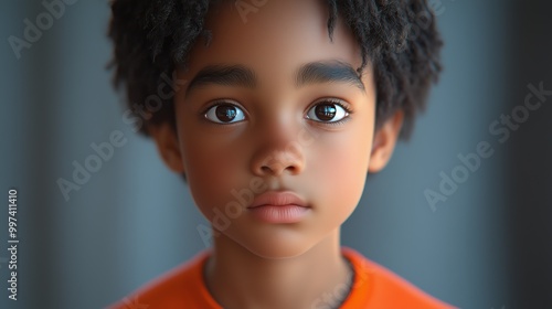 A young boy with dark hair and brown eyes looks directly at the camera