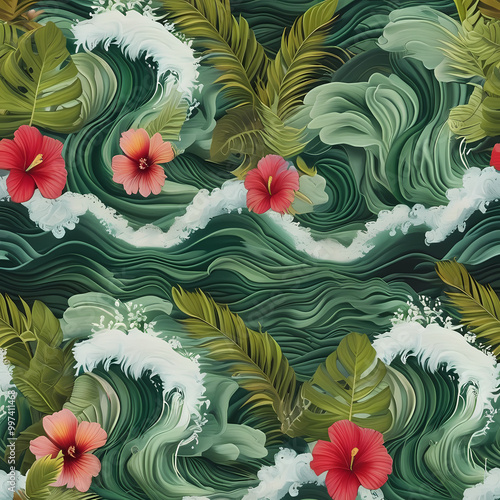 Seamless pattern, Illustration of flowers and green waves, suitable for fabric design