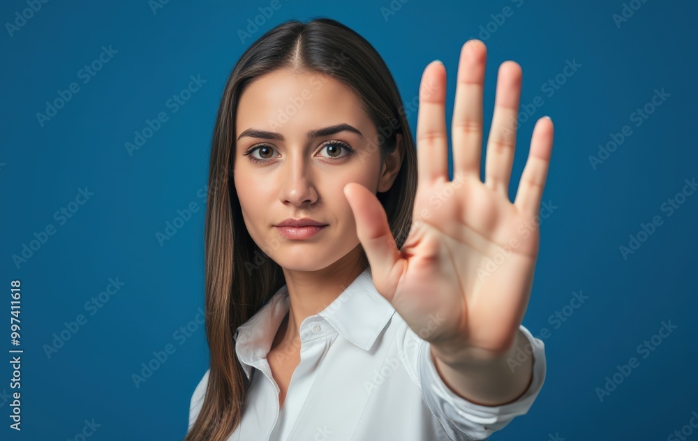 Woman with Neutral Expression Making Stop Sign Woman with Neutral Expression Making Stop Sign