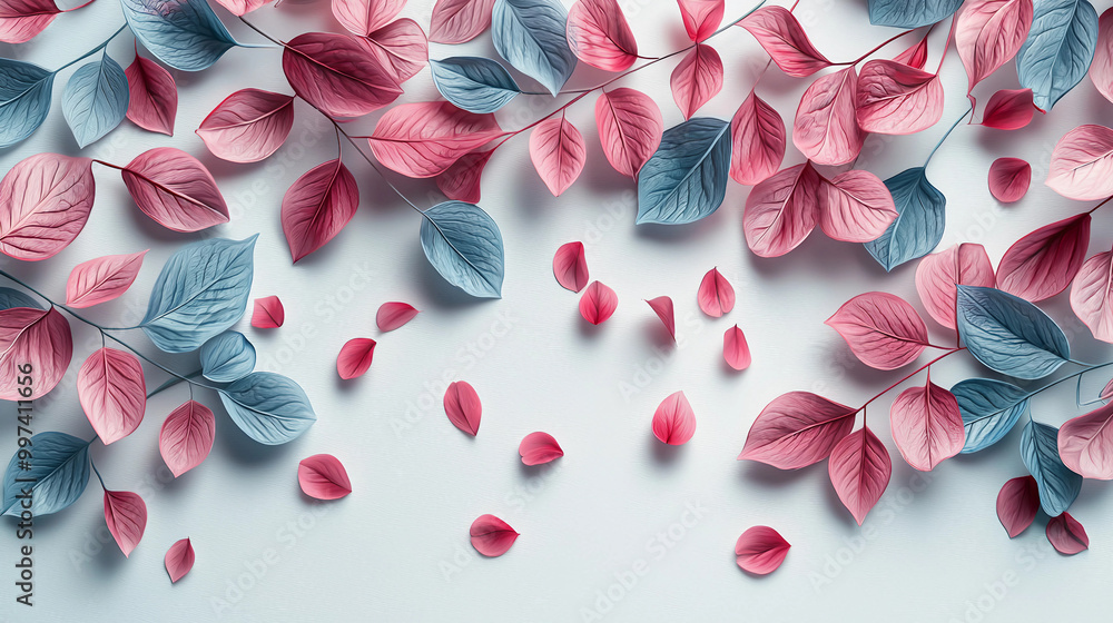 A blue and pink leafy pattern is on a white background A blue and pink leafy pattern is on a white background