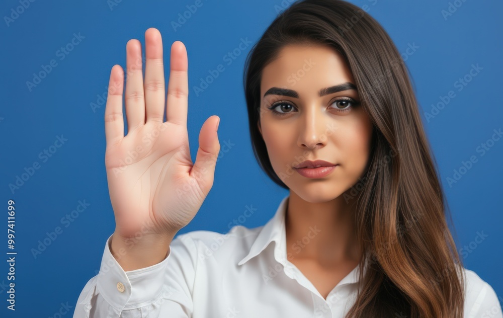 Calm Woman Expressing a Stop Gesture Calm Woman Expressing a Stop Gesture