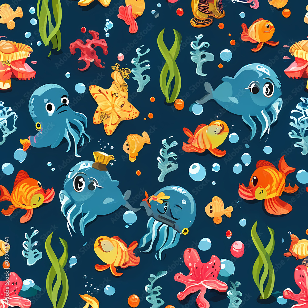 Seamless pattern, Illustration of undersea creatures, suitable for fabric design Seamless pattern, Illustration of undersea creatures, suitable for fabric design
