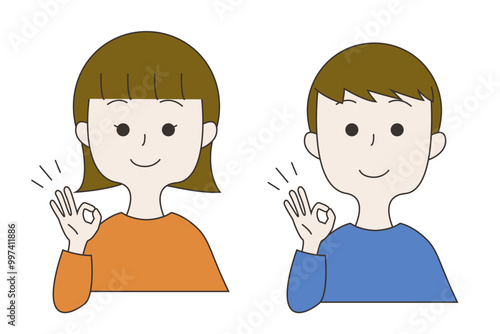 笑顔でオッケーサインをする男女