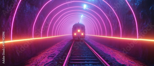 Fototapeta Naklejka Na Ścianę i Meble -  Spooky Ghost Train Ride in Neon Tunnel of Horrors - 3D Halloween Scene