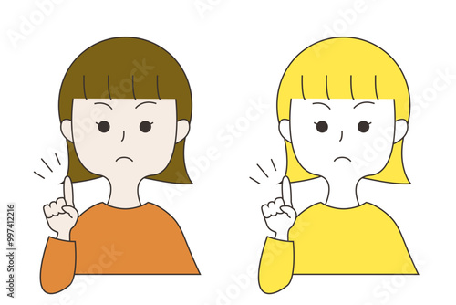 人差し指を立てる怒った顔の女性