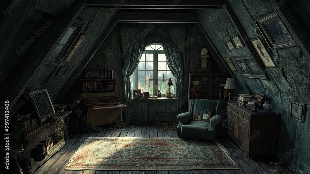 Spooky 3D rendered Halloween attic filled with cursed antiques and living shadows Spooky 3D rendered Halloween attic filled with cursed antiques and living shadows