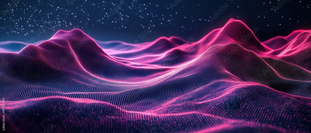 Obraz premium Neon grid lines forming a 3D landscape on a black backdrop