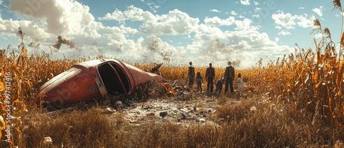 Fototapeta Naklejka Na Ścianę i Meble -  Curious Trick-or-Treaters Explore Alien Crash Site in Spooky Cornfield - Halloween 3D Render