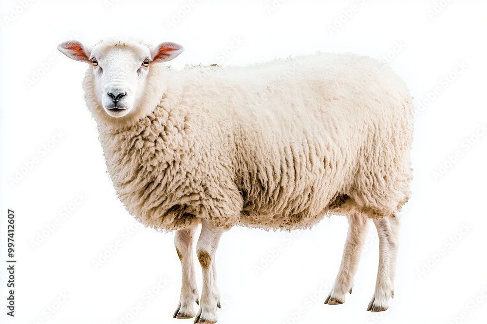 A white sheep stands against a white background A white sheep stands against a white background