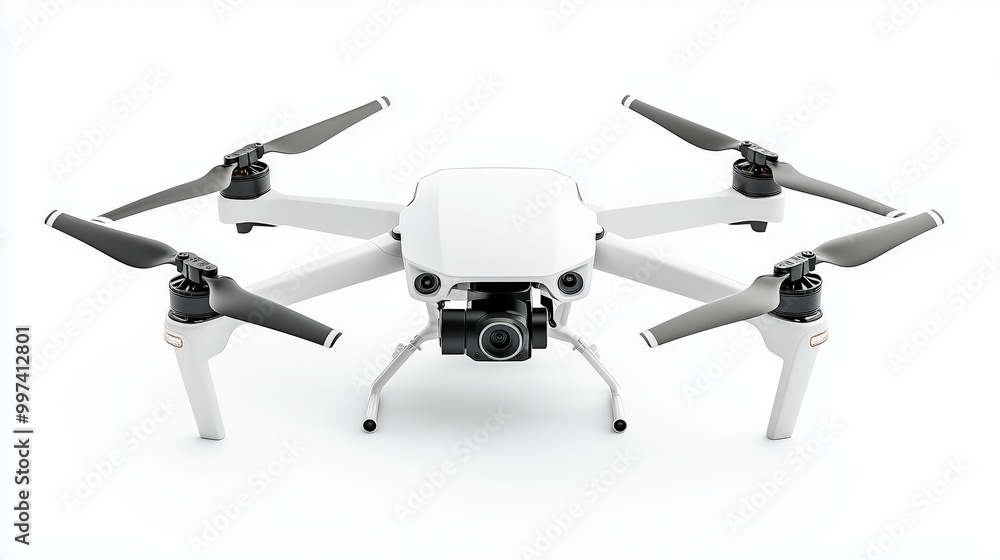 Quadrocopter drone displayed against white backdrop, sharp studio focus. AI generated Quadrocopter drone displayed against white backdrop, sharp studio focus. AI generated