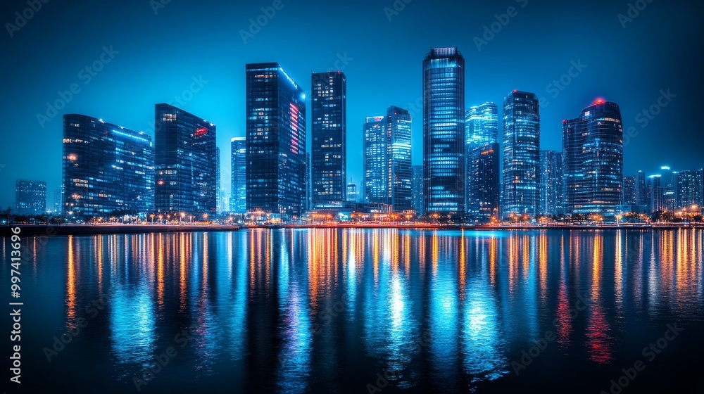 Obraz premium A stunning urban landscape showcases a city skyline lit up in bright blue hues. The lights beautifully reflect off the tranquil water, creating a mesmerizing nighttime atmosphere