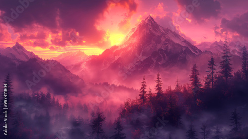 Mountain peak covered mist, silhouetted pine trees under atmospheric dawn light, serene natural landscape. AI generated