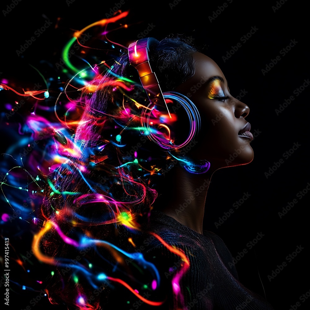Charming African woman enjoys vibrant music with her headphones image Charming African woman enjoys vibrant music with her headphones image