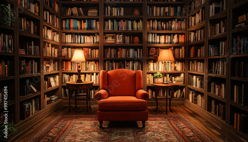 A cozy library scene with shelves of vintage books, a comfy chair, and soft lighting, perfect for literary enthusiasts