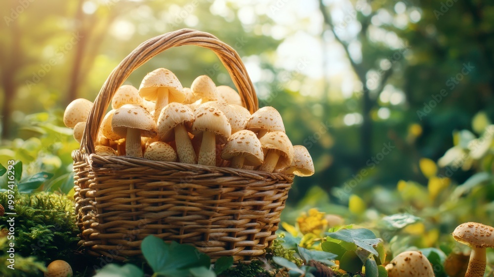 A basket overflowing with freshly harvested sweet honey mushrooms, set against a backdrop of lush greenery in a serene forest. A basket overflowing with freshly harvested sweet honey mushrooms, set against a backdrop of lush greenery in a serene forest.