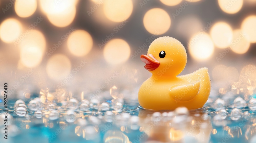 A bright yellow rubber duck bobs gently in bubbles on a clear water surface, creating a joyful and serene ambiance A bright yellow rubber duck bobs gently in bubbles on a clear water surface, creating a joyful and serene ambiance