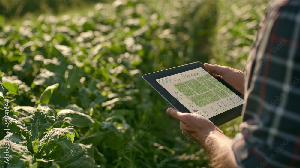 A farmer using a GPS-enabled device to map out planting patterns on a tablet A farmer using a GPS-enabled device to map out planting patterns on a tablet