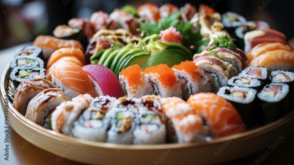 A beautiful plate of sushi rolls arranged artistically, showcasing various ingredients and vibrant colors. A beautiful plate of sushi rolls arranged artistically, showcasing various ingredients and vibrant colors.