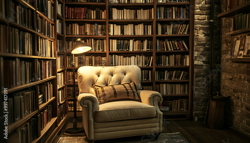 A cozy library scene with shelves of vintage books, a comfy chair, and soft lighting, perfect for literary enthusiasts