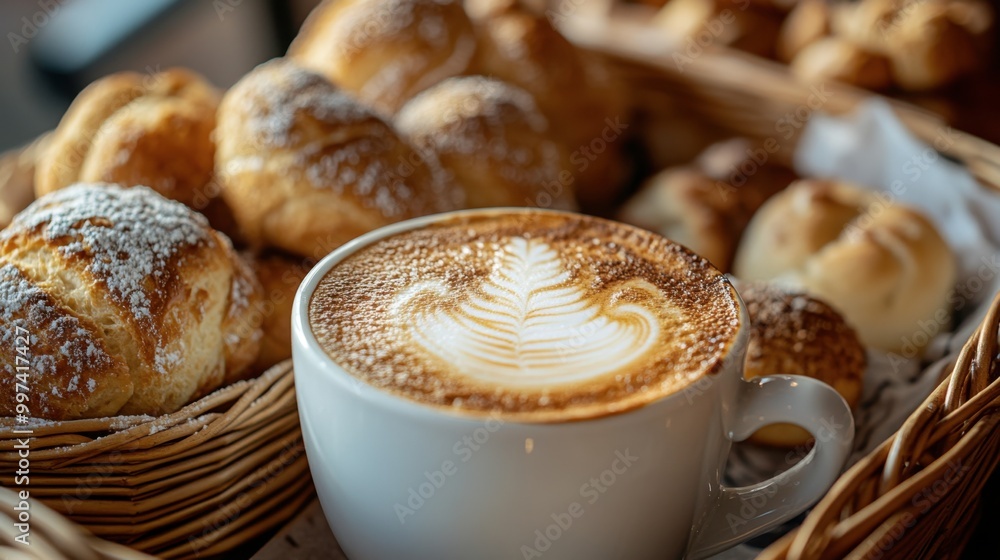 A close-up of a frothy cappuccino alongside a basket of assorted pastries and bread rolls. A close-up of a frothy cappuccino alongside a basket of assorted pastries and bread rolls.