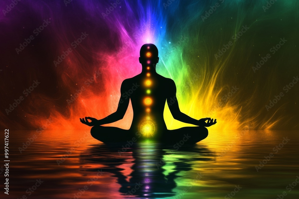 A person meditates peacefully on calm water while surrounded by a colorful aura representing chakra energy at dusk A person meditates peacefully on calm water while surrounded by a colorful aura representing chakra energy at dusk