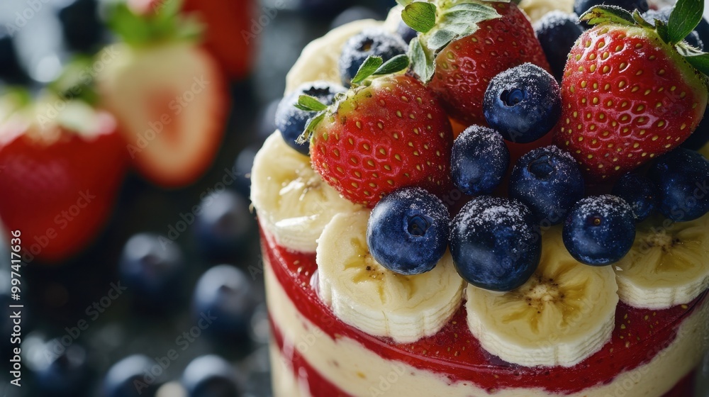 A close-up of a layered fruit smoothie featuring strawberries, banana, and blueberries, with fruits scattered around. A close-up of a layered fruit smoothie featuring strawberries, banana, and blueberries, with fruits scattered around.