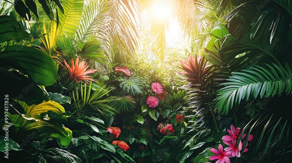 Lush tropical jungle with vibrant flowers and sunlight. Lush tropical jungle with vibrant flowers and sunlight.