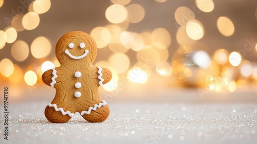 A smiling gingerbread man is featured prominently with twinkling lights creating a joyful holiday atmosphere