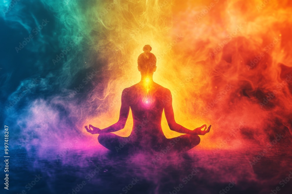 A person meditates peacefully with a vibrant aura at sunset, symbolizing spiritual awakening and chakra energy alignment A person meditates peacefully with a vibrant aura at sunset, symbolizing spiritual awakening and chakra energy alignment
