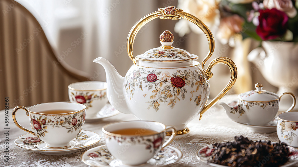 An elegant tea presentation with a beautiful tea pot, matching teacups, and a selection of fine teas. An elegant tea presentation with a beautiful tea pot, matching teacups, and a selection of fine teas.