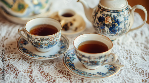 An elegant tea service with fine china teacups, a teapot, and a selection of teas on a lace tablecloth.