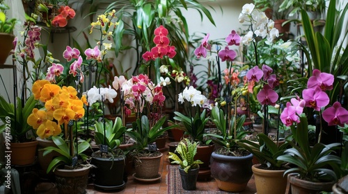 A collection of orchids in various pots, showcasing different growth stages and colors in a home setting.